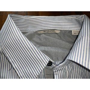 Biography Made In Usa Pinstripe Large Blue Button Down Shirt Fitted Elbow pads